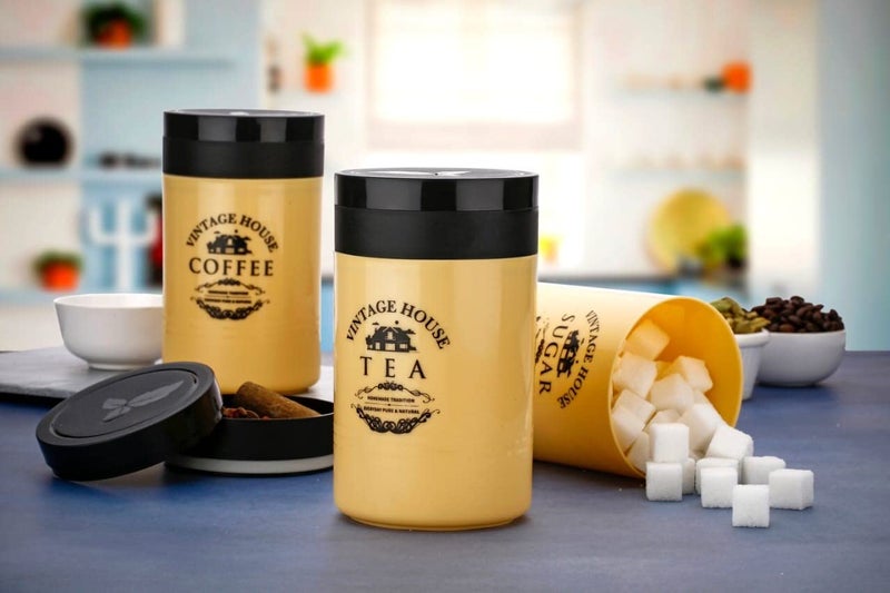 Arto Plastic Kitchen Coated Printed Tea Coffee Sugar Canisters Set of 3 800ML Brown - Image 4