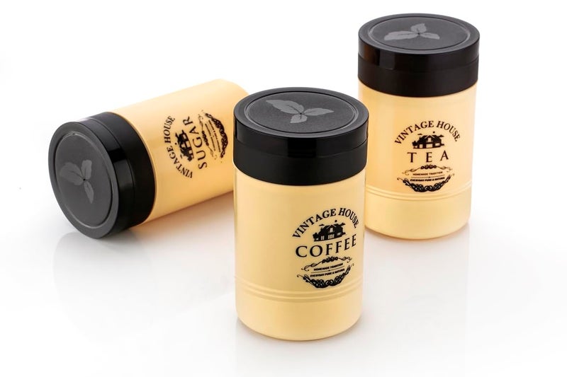 Arto Plastic Kitchen Coated Printed Tea Coffee Sugar Canisters Set of 3 800ML Brown - Image 1