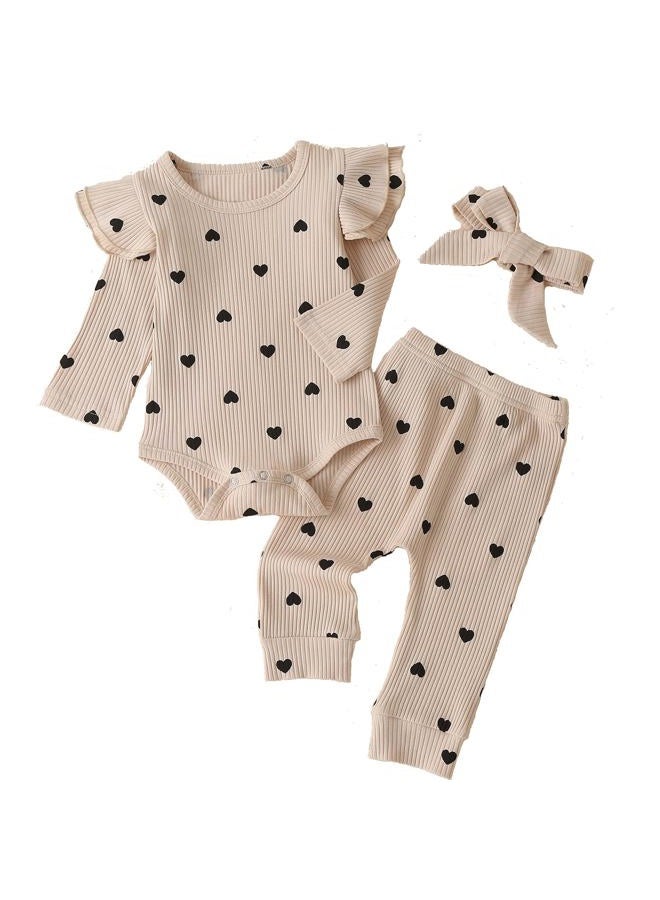 Fullfamous Baby Girl's 3pc Rib Frill Long Sleeve Romper and Pant Set, Ercu With Hearts, 9-12 months - Image 1