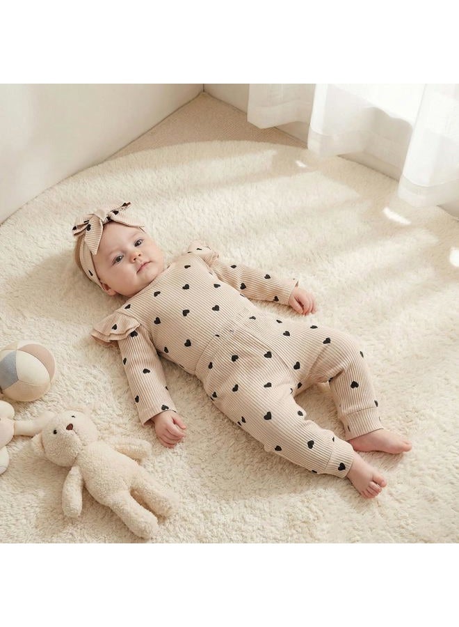 Fullfamous Baby Girl's 3pc Rib Frill Long Sleeve Romper and Pant Set, Ercu With Hearts, 9-12 months - Image 5