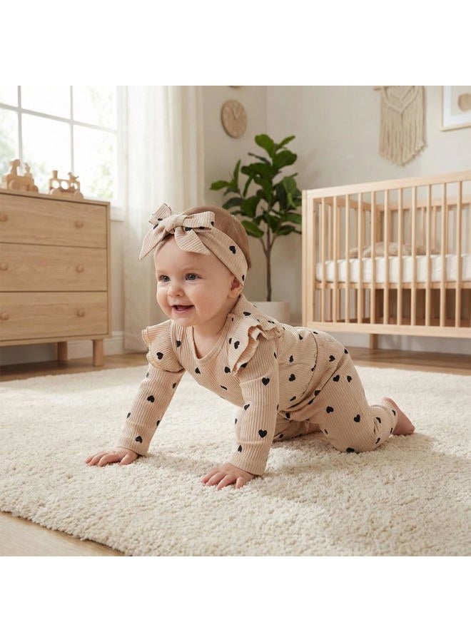 Fullfamous Baby Girl's 3pc Rib Frill Long Sleeve Romper and Pant Set, Ercu With Hearts, 9-12 months - Image 3