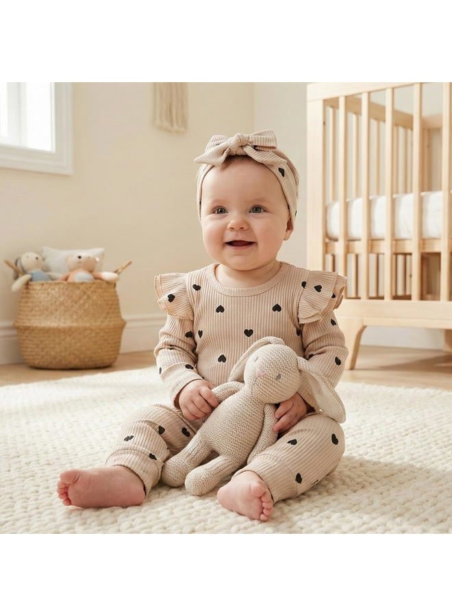 Fullfamous Baby Girl's 3pc Rib Frill Long Sleeve Romper and Pant Set, Ercu With Hearts, 9-12 months - Image 2