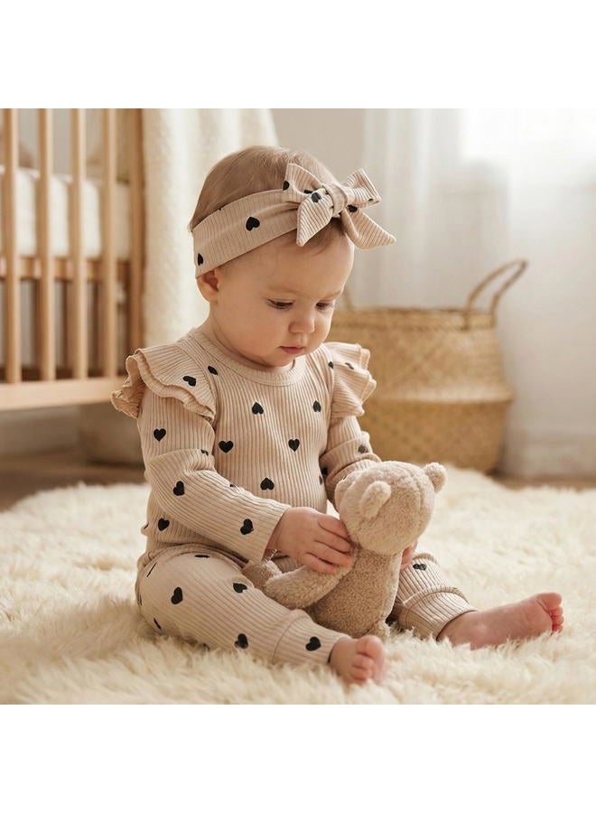 Fullfamous Baby Girl's 3pc Rib Frill Long Sleeve Romper and Pant Set, Ercu With Hearts, 9-12 months - Image 4