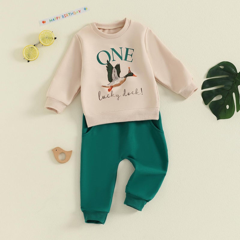 Frietlebird First Birthday Outfit Boy 1st Birthday Outfit Boy Long Sleeve One Lucky Duck Sweatshirt Pants Cake Smash Clothes (C-Beige Green,12-18 Months) - Image 2