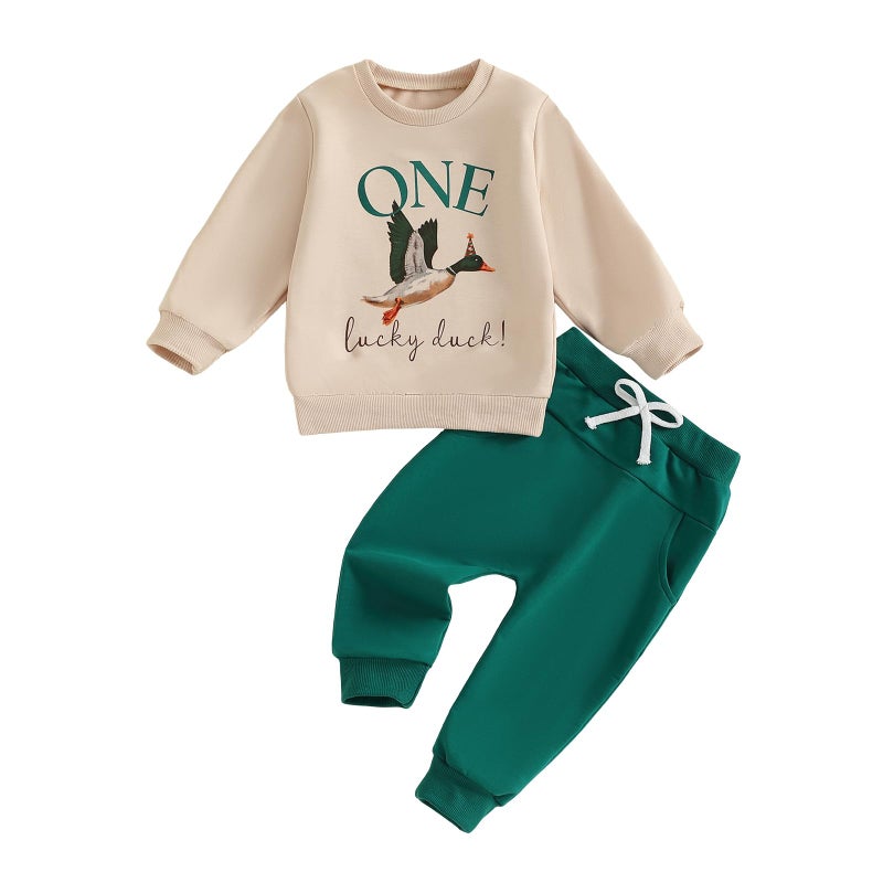 Frietlebird First Birthday Outfit Boy 1st Birthday Outfit Boy Long Sleeve One Lucky Duck Sweatshirt Pants Cake Smash Clothes (C-Beige Green,12-18 Months) - Image 1