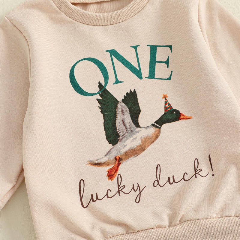 Frietlebird First Birthday Outfit Boy 1st Birthday Outfit Boy Long Sleeve One Lucky Duck Sweatshirt Pants Cake Smash Clothes (C-Beige Green,12-18 Months) - Image 5