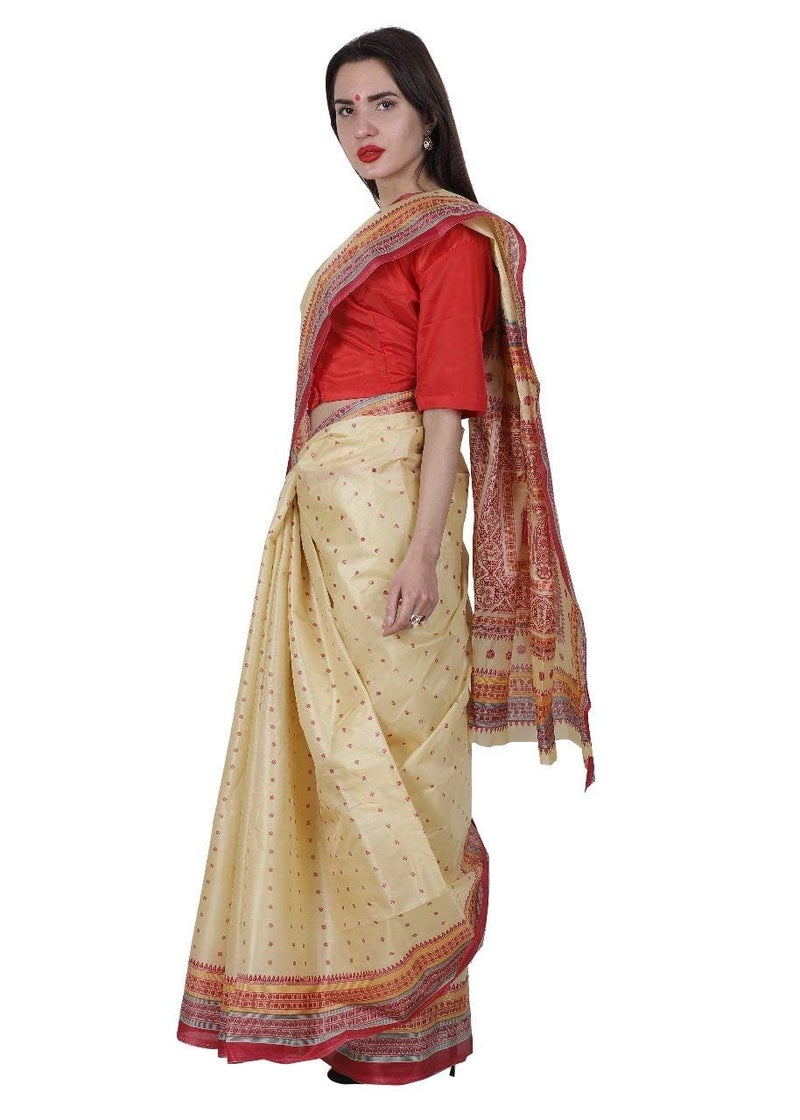 Kaku Fancy Dresses Polyester Indian Bihu Ethnic Wear Saree for Women Dance Event Farmer Dress For Girls - Cream (Fullsize) - Image 3
