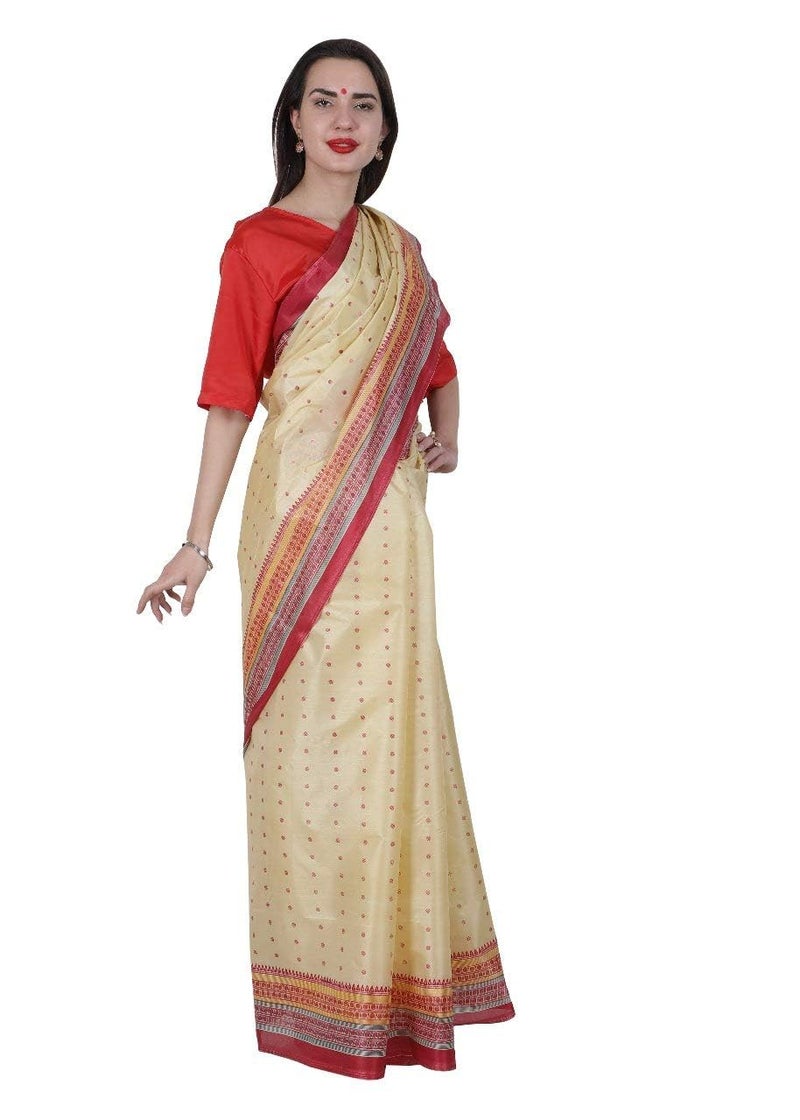 Kaku Fancy Dresses Polyester Indian Bihu Ethnic Wear Saree for Women Dance Event Farmer Dress For Girls - Cream (Fullsize) - Image 2