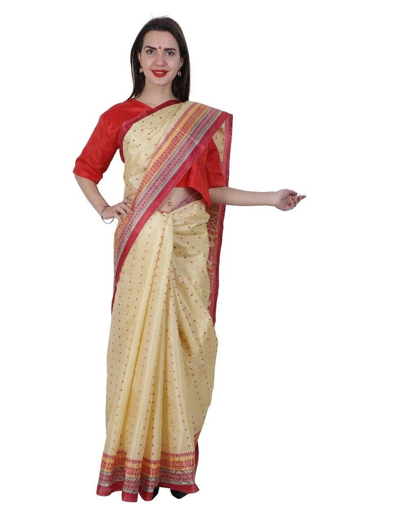 Kaku Fancy Dresses Polyester Indian Bihu Ethnic Wear Saree for Women Dance Event Farmer Dress For Girls - Cream (Fullsize) - Image 1