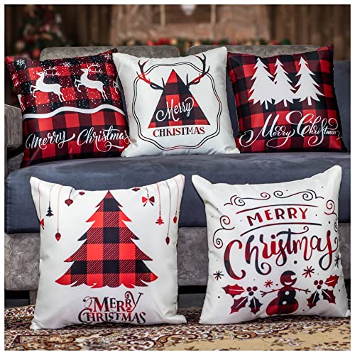 Vendola Decorative Merry Christmas 12 Inch x 12 Inch Cushion Covers Set of 5, Satin Cushion Cover for Sofa, Christmas Home Decor, White and Red Colour, Deer, Reindeer, Deer Print, (12X12 Inches) - Image 1