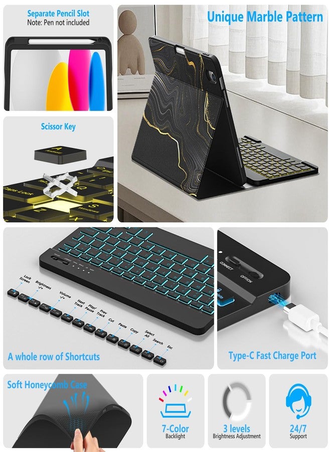 FUWANG for iPad A16 11th 10th Generation Case with Keyboard, Detachable 7 Colors Backlit Wireless Marble Keyboard Case with Pencil Holder for iPad A16 11th 11-inch 2025 &10th Gen 10.9 Inch 2022, Black - Image 5