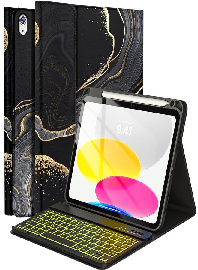 FUWANG for iPad A16 11th 10th Generation Case with Keyboard, Detachable 7 Colors Backlit Wireless Marble Keyboard Case with Pencil Holder for iPad A16 11th 11-inch 2025 &10th Gen 10.9 Inch 2022, Black - Image 1