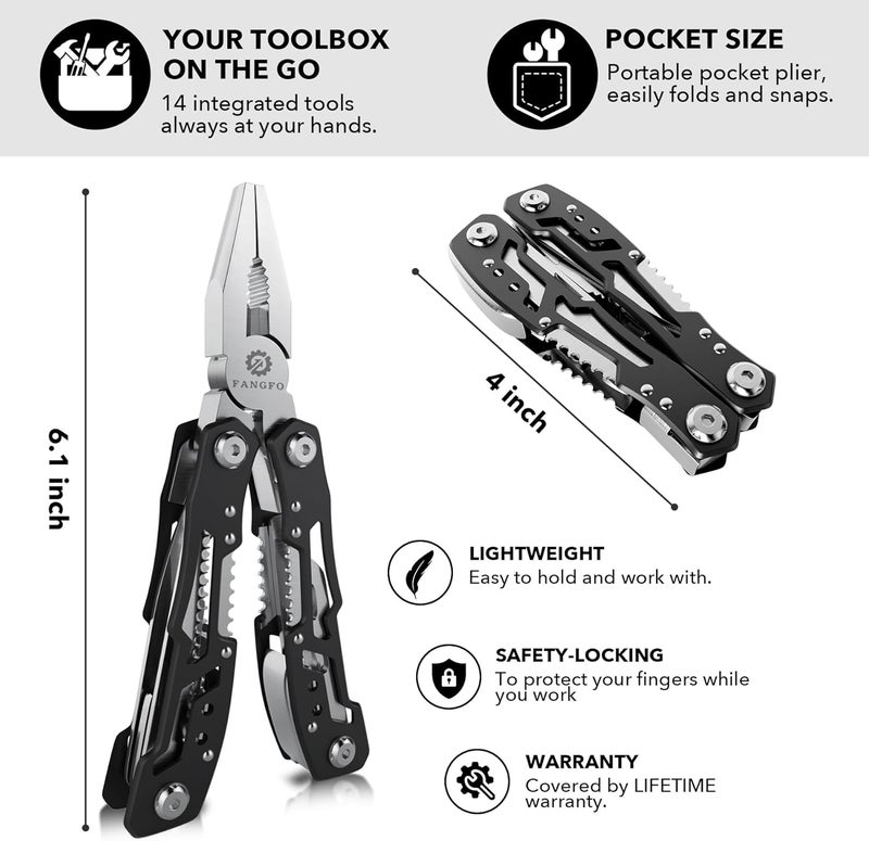 fangfo 14-In-1 Multitool with Safety Locking, Professional Stainless Steel Multitool Pliers Pocket Knife, Bottle Opener, Screwdriver with Nylon Sheath ，Apply to Survival,Camping, Hunting and Hiking 1 Pcs - Image 3