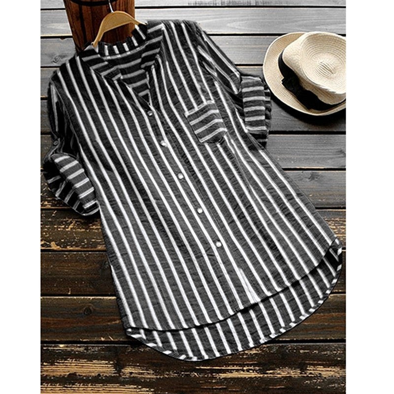 Cross-border women's clothing 2022 AliExpress European and American foreign trade new casual V-neck striped three-quarter sleeve women's shirt black S - Image 1