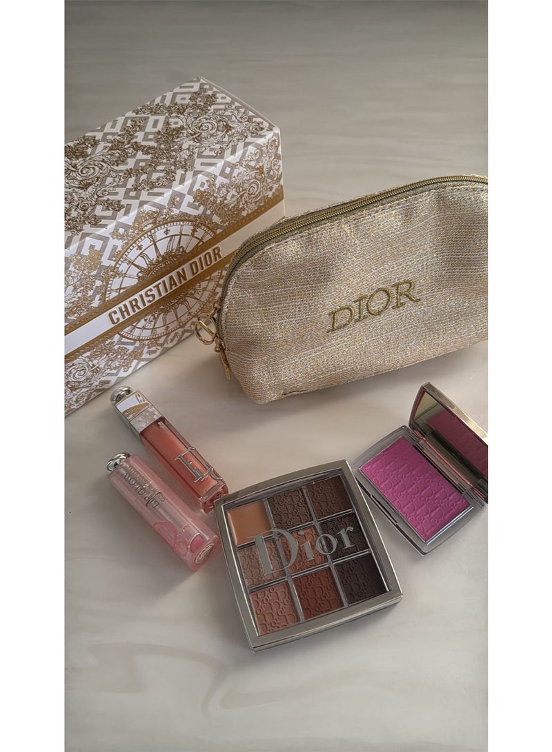 Dior Addict Package Contents: * Dior Gold Makeup Bag with Box * Dior Blush Pink Shade 001 * Dior Eyeshadow in 9 Colors Shade 007 * Dior Gloss Set (Gloss + Lip Glow Shade 001) - Image 2
