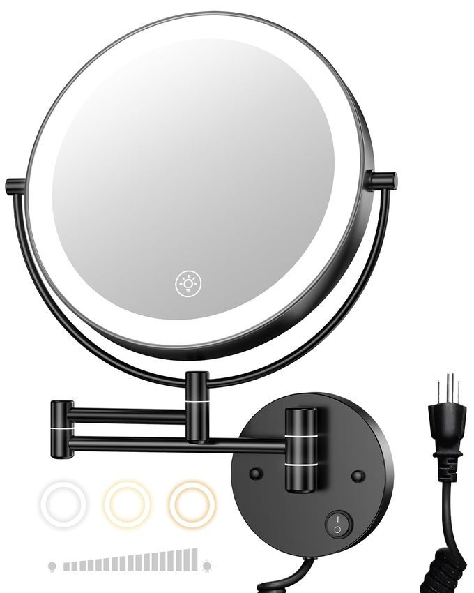 9 WALL MOUNTED LIGHTED MAGNIFYING MIRROR 1X10X MAGNIFICATION DOUBLESIDED LED BATHROOM MIRROR 3 COLOR LIGHTS STEPLESS DIMMING WITH TOUCH SENSOR EXTENDABLE ARM 360 SWIVEL FOR SHAVING