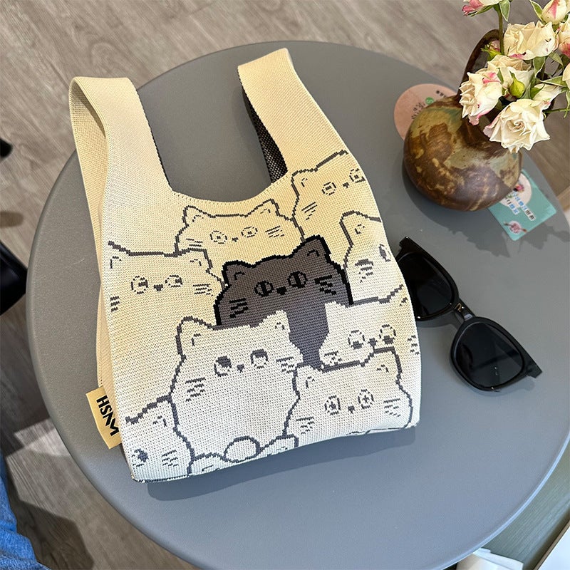 Cartoon Fashion Korean Knitted Handbag Bucket Bag Leisure Tote Bag For Women - Image 3