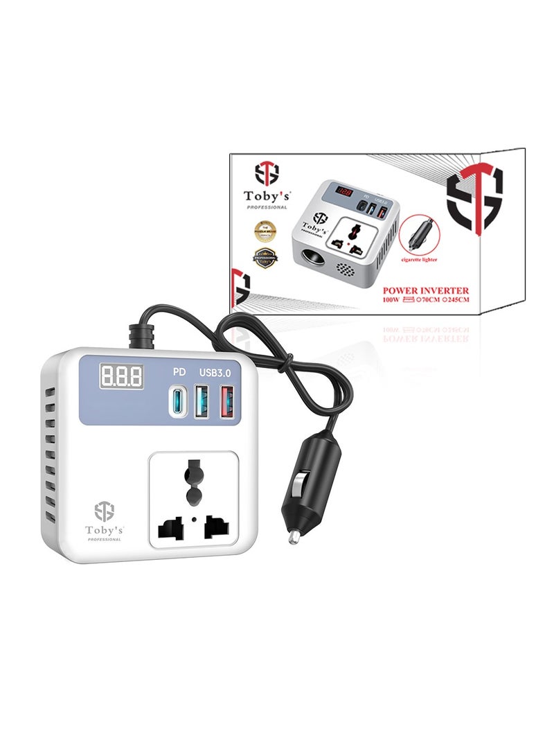 توبيز محول طاقة توبيز 100 واط بطول 70 سم مع سلك ولاعة سيارة، منافذ USB-A مزدوجة وتايب-سي وQC، غلاف ABS، مدخل 12V ومخرج 220V - Image 1