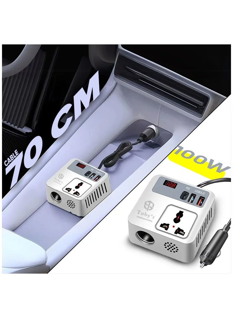 توبيز محول طاقة توبيز 100 واط بطول 70 سم مع سلك ولاعة سيارة، منافذ USB-A مزدوجة وتايب-سي وQC، غلاف ABS، مدخل 12V ومخرج 220V - Image 2