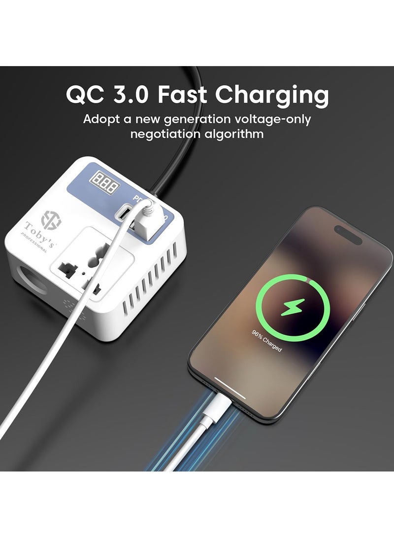 توبيز محول طاقة توبيز 100 واط بطول 70 سم مع سلك ولاعة سيارة، منافذ USB-A مزدوجة وتايب-سي وQC، غلاف ABS، مدخل 12V ومخرج 220V - Image 4