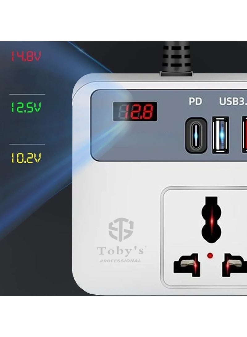 توبيز محول طاقة توبيز 100 واط بطول 70 سم مع سلك ولاعة سيارة، منافذ USB-A مزدوجة وتايب-سي وQC، غلاف ABS، مدخل 12V ومخرج 220V - Image 5
