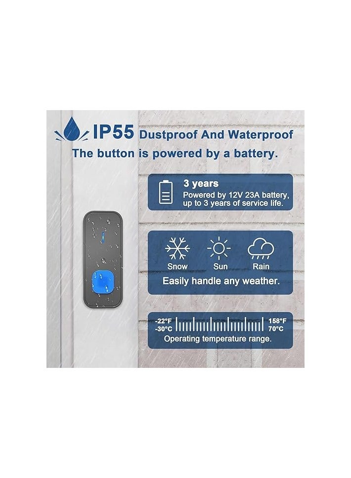 PINZY Wireless Doorbell with 2 receiver 2 Buttons,IP55 Waterproof Doorbell,1300 FT/400M Remote Doorbell,55 Chimes 5 Volume,Colorful LED Flashing,110 db Loud Volume,For Home/Classroom  - Image 5