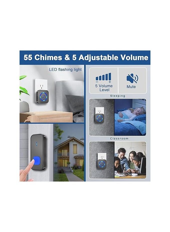 PINZY Wireless Doorbell with 2 receiver 2 Buttons,IP55 Waterproof Doorbell,1300 FT/400M Remote Doorbell,55 Chimes 5 Volume,Colorful LED Flashing,110 db Loud Volume,For Home/Classroom  - Image 4