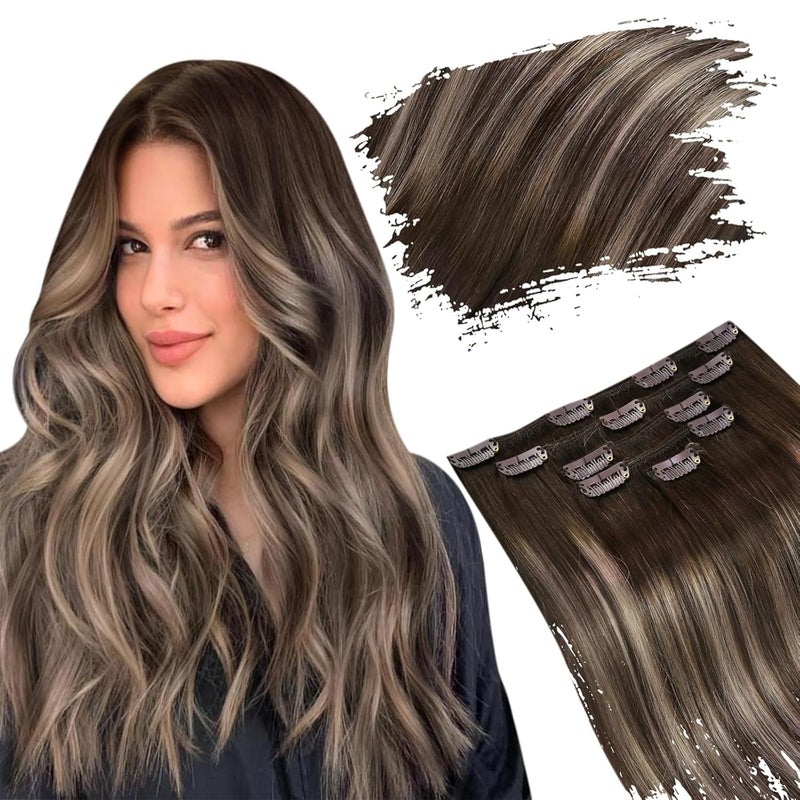Ugeat Straight Clip in Hair Extensions Ombre Dark Brown to Ash Brown Hair Extensions Clip in Remy Hair Extensions Real Human Hair 5pcs 12 Inch 85g70g Hair15g Clips