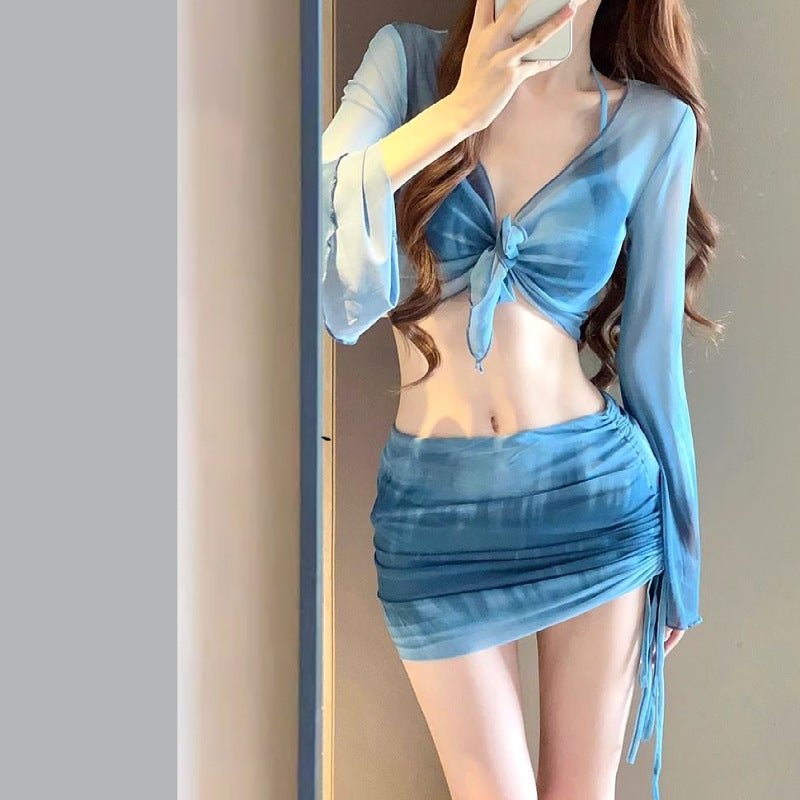2025 New Split Bikini Swimsuit Women's Seaside Vacation Four-Piece Set Conservative High-End Hot Spring Swimwear(53223 Blue, L) - Image 3