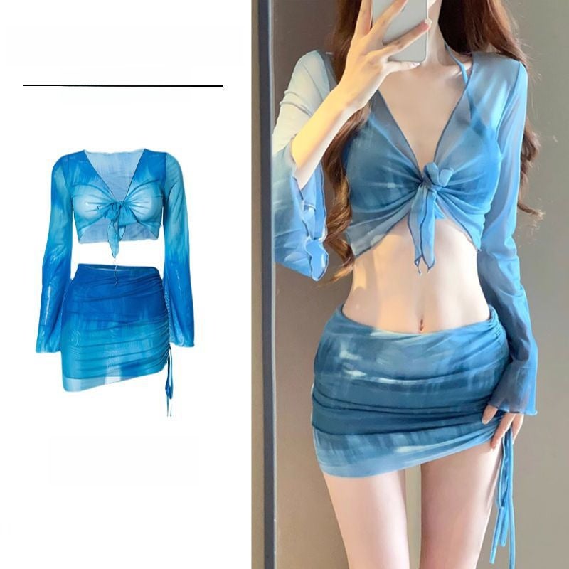 2025 New Split Bikini Swimsuit Women's Seaside Vacation Four-Piece Set Conservative High-End Hot Spring Swimwear(53223 Blue, L) - Image 2
