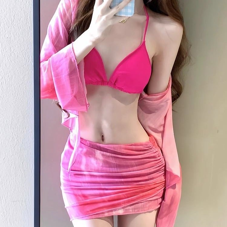 2025 New Split Bikini Swimsuit Women's Seaside Vacation Four-Piece Set Conservative High-End Hot Spring Swimwear(53223 Blue, L) - Image 5