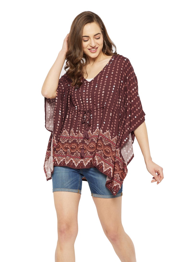 Gypsie Blu Women Brown  3/4 Sleeve V Neck Short Tunic Top Comfy  Rayon  Kaftan  For Ladies  - Image 1