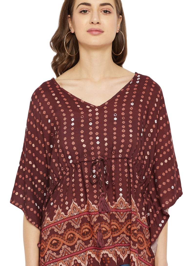 Gypsie Blu Women Brown  3/4 Sleeve V Neck Short Tunic Top Comfy  Rayon  Kaftan  For Ladies  - Image 3