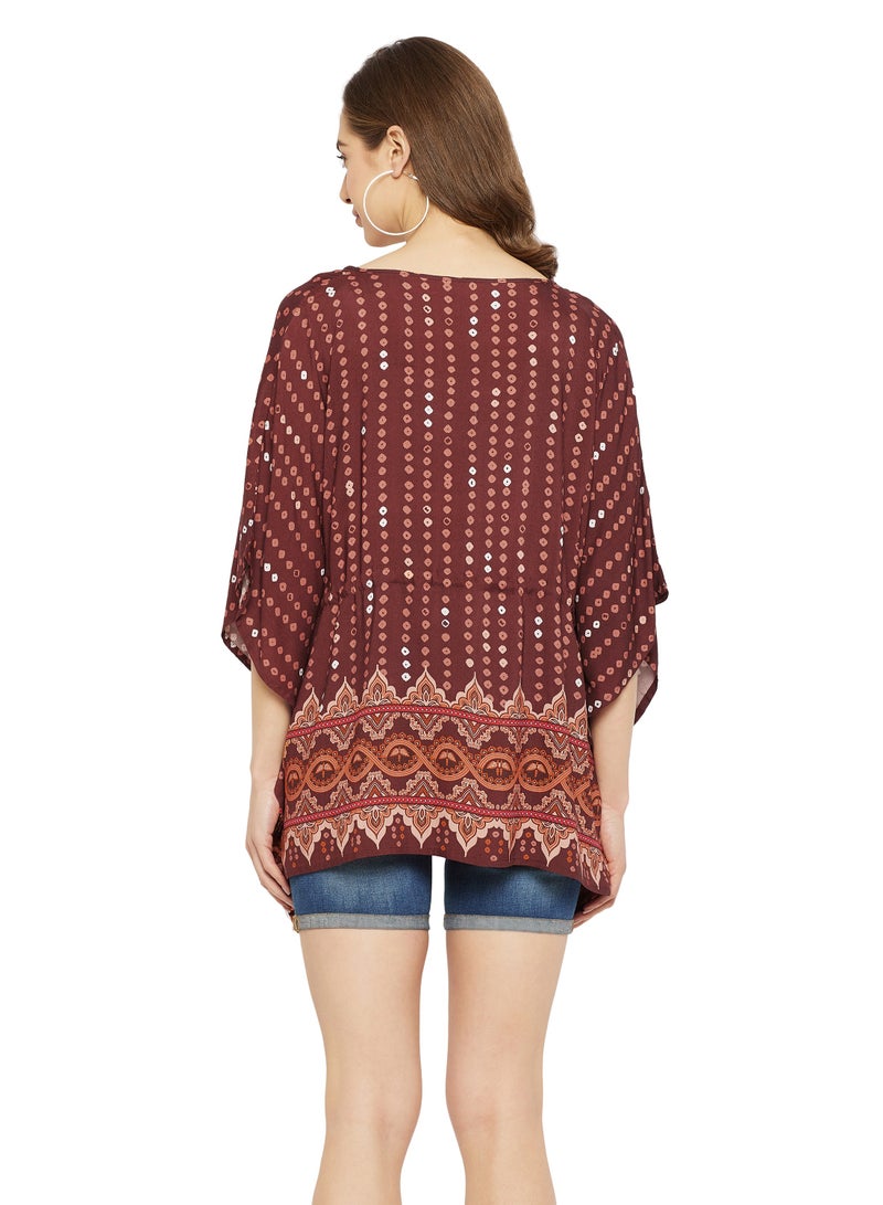 Gypsie Blu Women Brown  3/4 Sleeve V Neck Short Tunic Top Comfy  Rayon  Kaftan  For Ladies  - Image 4