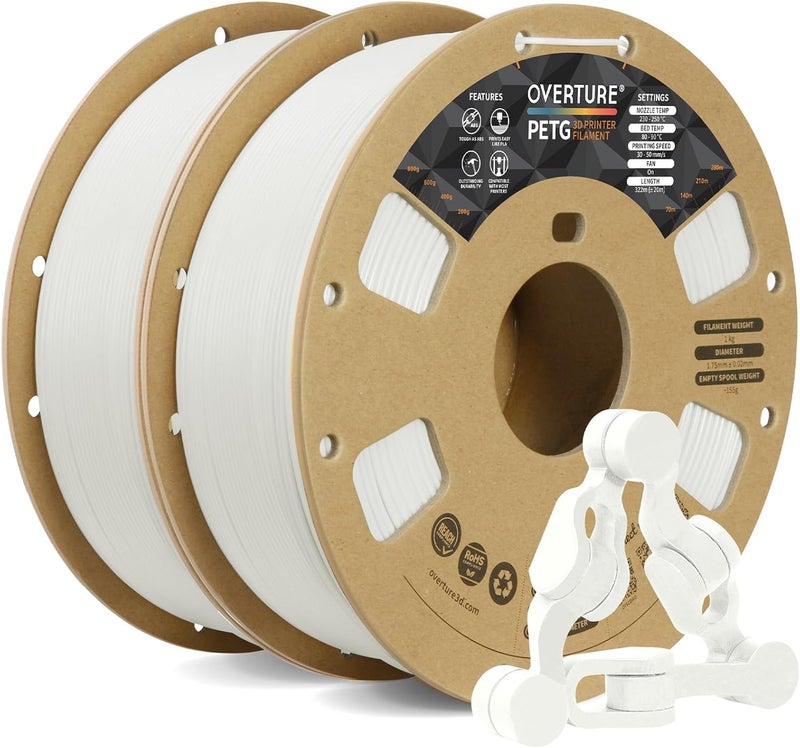 OVERTURE 2KG Bundle PETG 3D Printer Filament 1.75mm, Neatly Wound Durable PETG 2 Pack 1kg(2.2lbs), Strong Toughness Filament, Dimensional Accuracy +/- 0.02mm, Fit Most FDM Printers (White (2-Pack)) - Image 1