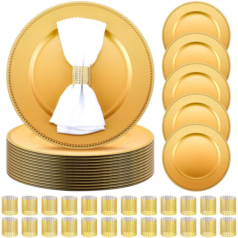 Rtteri Rtteri 24 Set Charger Plates Set Bulk 24 Plastic Plate Chargers and 24 Napkin Rings 13 Inch Round Dinner Chargers for Table Setting Wedding Party Baby Shower Event DecorationGold 