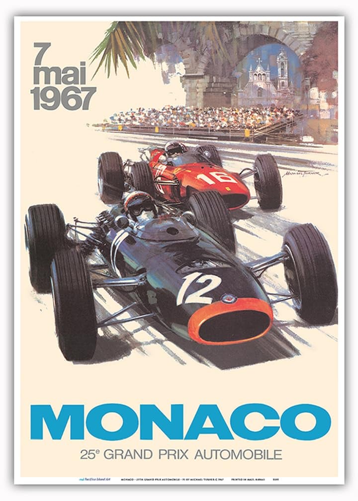 Pacifica Island Art 25th Monaco Grand Prix Automobile 1967 - Vintage Car Racing Poster by Michael Turner c.1967 - Master Art Print 10in x 14in - Image 1