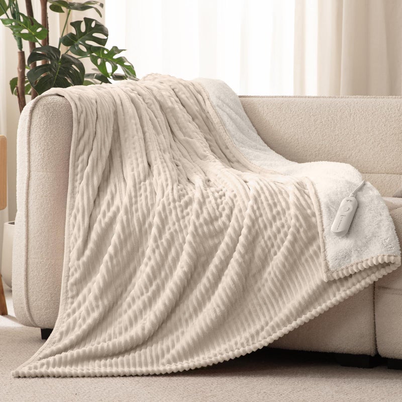 Reaks Electric Heated Throw Blanket, Silky Soft Flannel & Sherpa Heating Blanket Throw with 5 Heat Levels & 3 Hours Auto Off, Warm Gifts for Women Mom Grandma, ETL Certified (50x60 inches, Beige) - Image 1