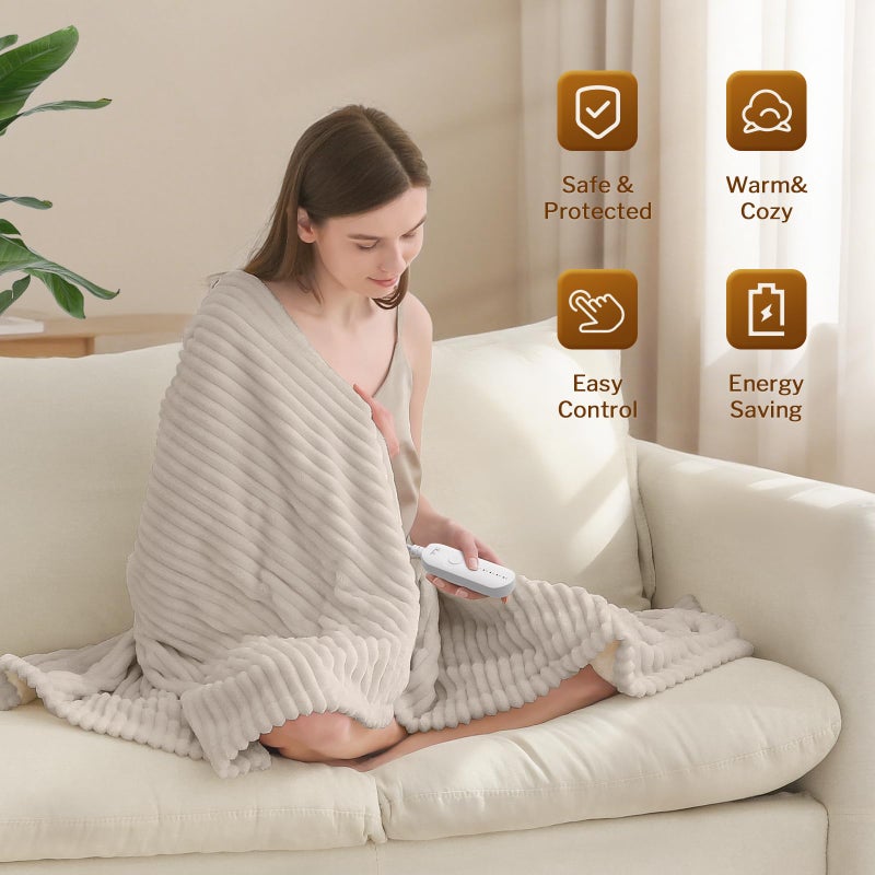 Reaks Electric Heated Throw Blanket, Silky Soft Flannel & Sherpa Heating Blanket Throw with 5 Heat Levels & 3 Hours Auto Off, Warm Gifts for Women Mom Grandma, ETL Certified (50x60 inches, Beige) - Image 2