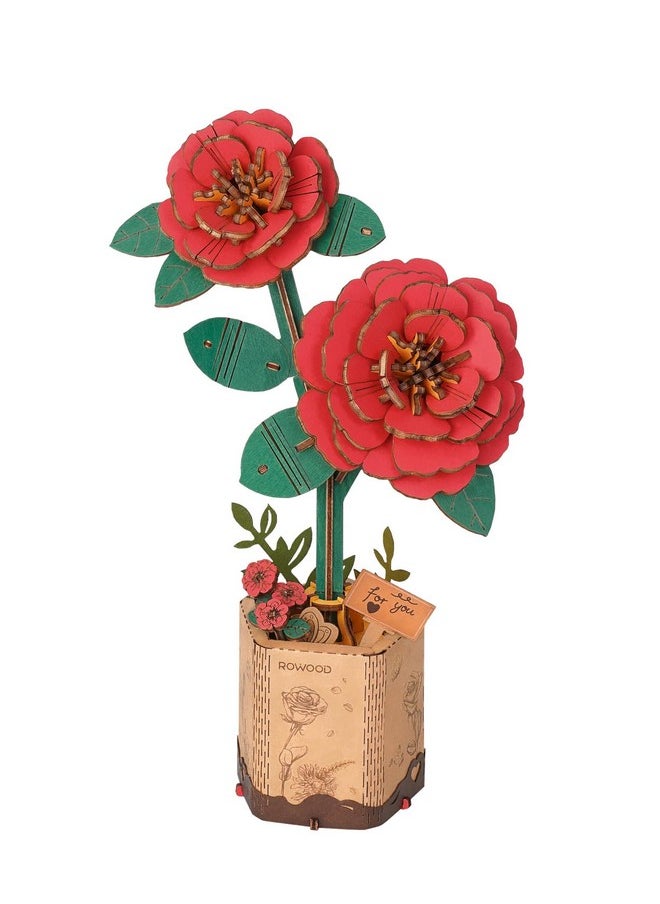 RoWood 3D Puzzle Artifical Flower,Diy Wooden Flower Craft Kit For Kids,Mother'S Day/Valentine'S Day/Teacher'S Day/Thanksgiving Day/Christmas/Birthday Gift For Mom/Women/Grandma/Wife/Her-Red Camellia  - Image 1