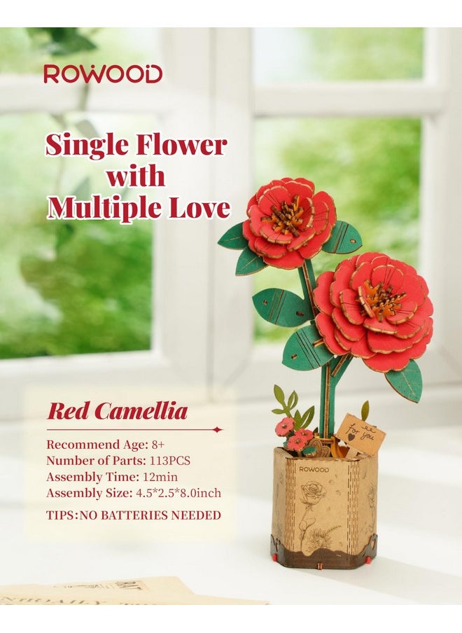 RoWood 3D Puzzle Artifical Flower,Diy Wooden Flower Craft Kit For Kids,Mother'S Day/Valentine'S Day/Teacher'S Day/Thanksgiving Day/Christmas/Birthday Gift For Mom/Women/Grandma/Wife/Her-Red Camellia  - Image 2