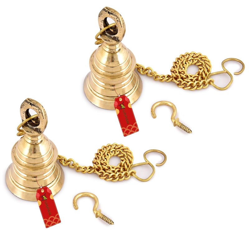 UAPAN Brass Gold Wall Hanging Bell with Chain and Hanging Hook for Home Mandir Temple Decorative I Puja Room (Pack of 2 Nos) (3 inch) - Image 1
