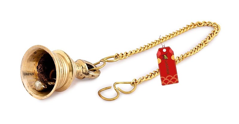 UAPAN Brass Gold Wall Hanging Bell with Chain and Hanging Hook for Home Mandir Temple Decorative I Puja Room (Pack of 2 Nos) (3 inch) - Image 3