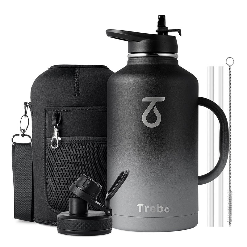 Trebo Insulated Water Bottle 2L Stainless Steel Water Bottle 2L Metal Bottle with Handle Metal Large Jug Travel Flask with Straw Spout Lid Mug Tumbler Cup with Carry Pouch Keep Cold Hot Dark Grey