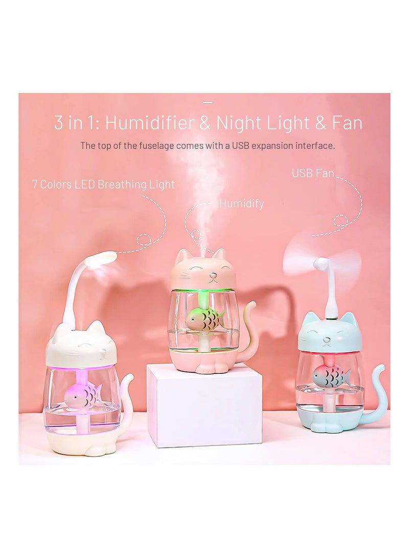 واي آند دي USB Cat Cool Mist Humidifier, 3 in 1 350ml Polyme Water Mode & Auto Shut-Off, Baby Humidifier with 6 Color LED Lights Changing, for Home Car Office, Air Small Fan (Pink) - Image 3