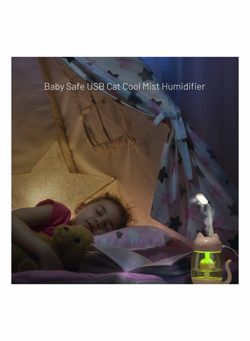 واي آند دي USB Cat Cool Mist Humidifier, 3 in 1 350ml Polyme Water Mode & Auto Shut-Off, Baby Humidifier with 6 Color LED Lights Changing, for Home Car Office, Air Small Fan (Pink) - Image 2