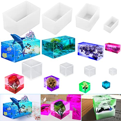 FineGood 8 Pcs Cube Cuboid Resin Molds, FineGood Clear Resin Mold Silicone Square Rectangle Silicone Molds for Epoxy Resin DIY Crystal Epoxy Resin Molds for Decoration - Image 1