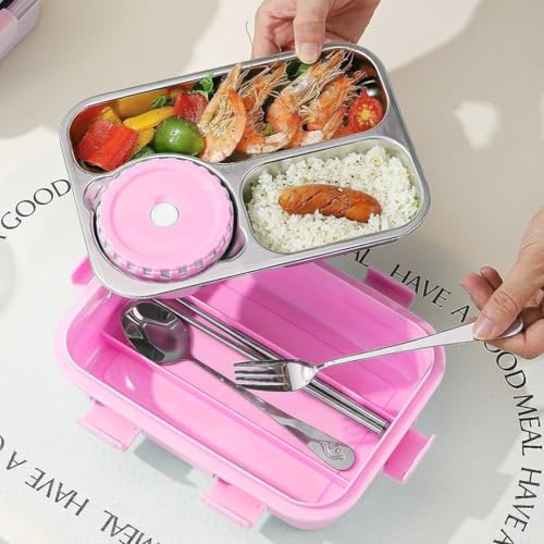 Storio Lunch Box 3 Compartments 750ml | Leak-Proof BPA-Free Stainless Steel/Plastic Lunchbox for Kids, School & Office | Tiffin Box with Extra Small Container | Durable & Easy to Clean - Pink - Image 2