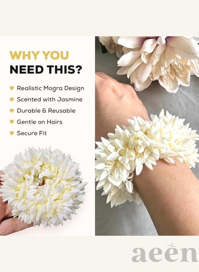 aeen 2 Pcs Mogra Scented Hair Gajra Scrunchies for Women & Girls | Artificial Flower Bun Rubber Band | Traditional Floral Hair Accessories - Image 2