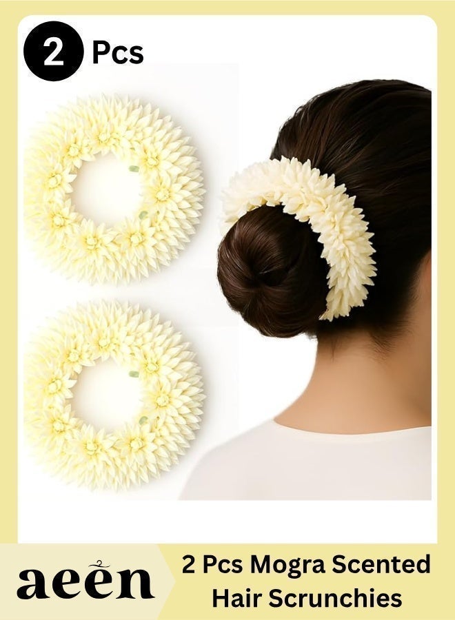 aeen 2 Pcs Mogra Scented Hair Gajra Scrunchies for Women & Girls | Artificial Flower Bun Rubber Band | Traditional Floral Hair Accessories - Image 1